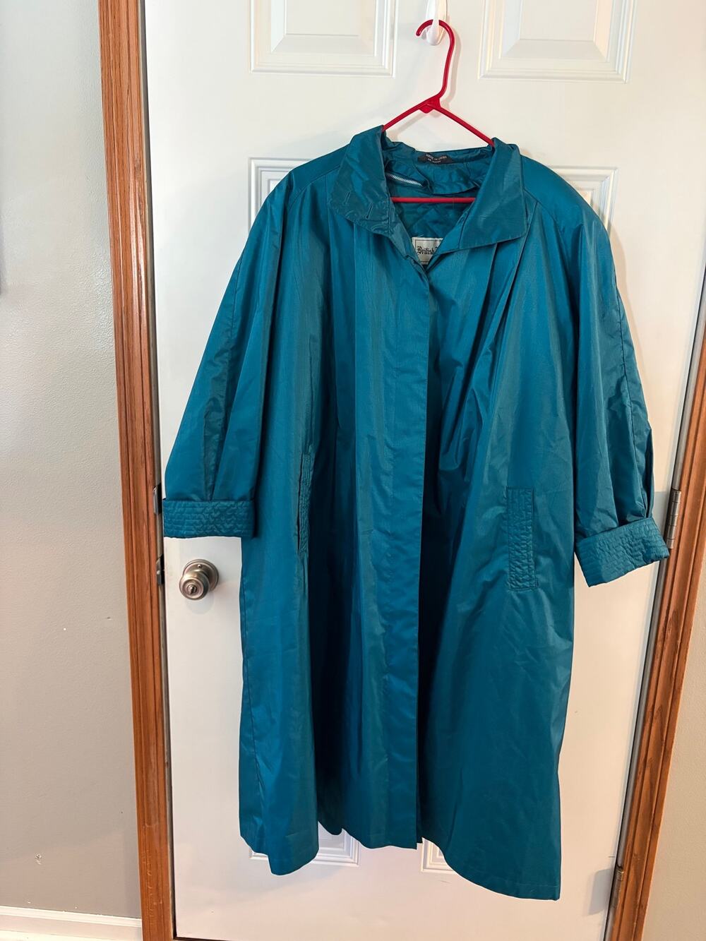 Vintage British Mist Women’s Teal Long Trench Rain Coat Quilted Lined Size 24W